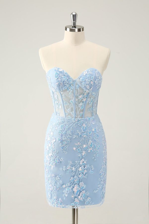 Light Blue Corset Sequins Sweetheart Short Tight Homecoming Dress with Lace-up Back Cheap