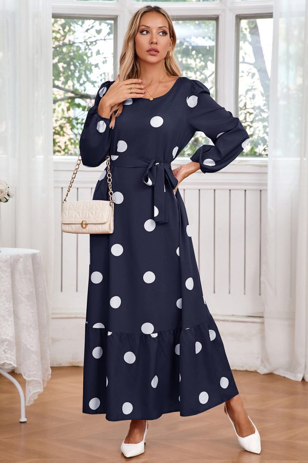 Navy Scoop Neck Polka Dots Long Cocktail Dress with Sash Cheap