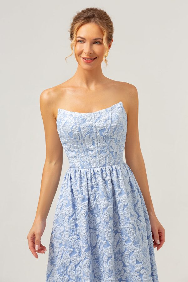 A-Line Blue Floral Strapless High Low Bridesmaid Dress on Sale