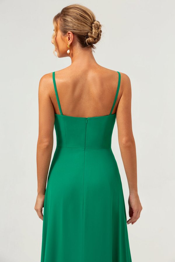 Elegant Green A Line Spaghetti Straps Chiffon Long Bridesmaid Dress on Sale