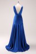 Ink Blue V-Neck Satin Bridesmaid Dress with Slit Online Hot Sale