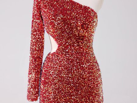 Sparkly Red One Shoulder Tight Short Homecoming Dress with Hollow Out Online Hot Sale