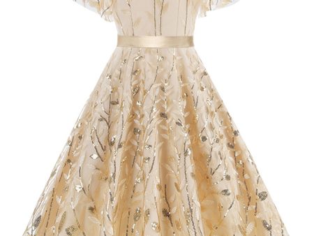 Apricot Sequined Leaf Embroidered Mesh Overlay Elegant Vintage Dress Sale