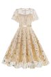 Apricot Sequined Leaf Embroidered Mesh Overlay Elegant Vintage Dress Sale