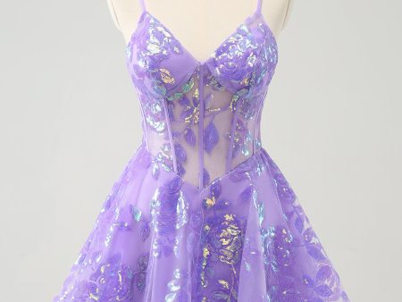 Sparkly Lilac A-Line Spaghetti Straps Sequins Corset Homecoming Dress Cheap