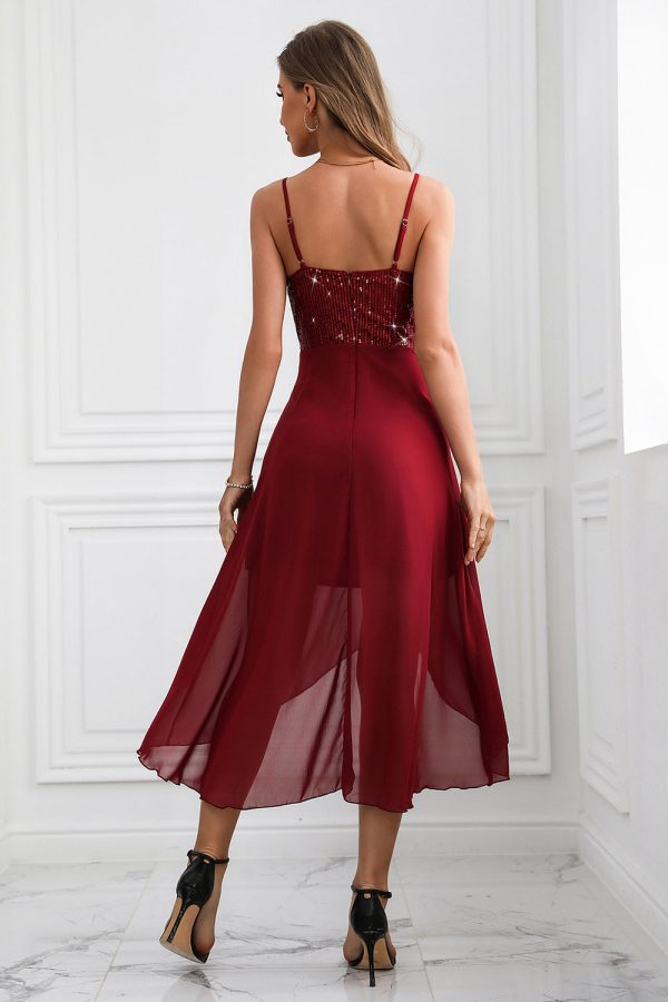 Sparkly Burgundy Spaghetti Straps Asymmetrical Party Dress Online Sale