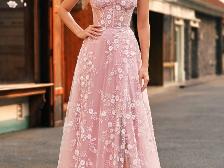 A Line Blush Spaghetti Straps Sequin Corset Prom Dress With Slit For Sale