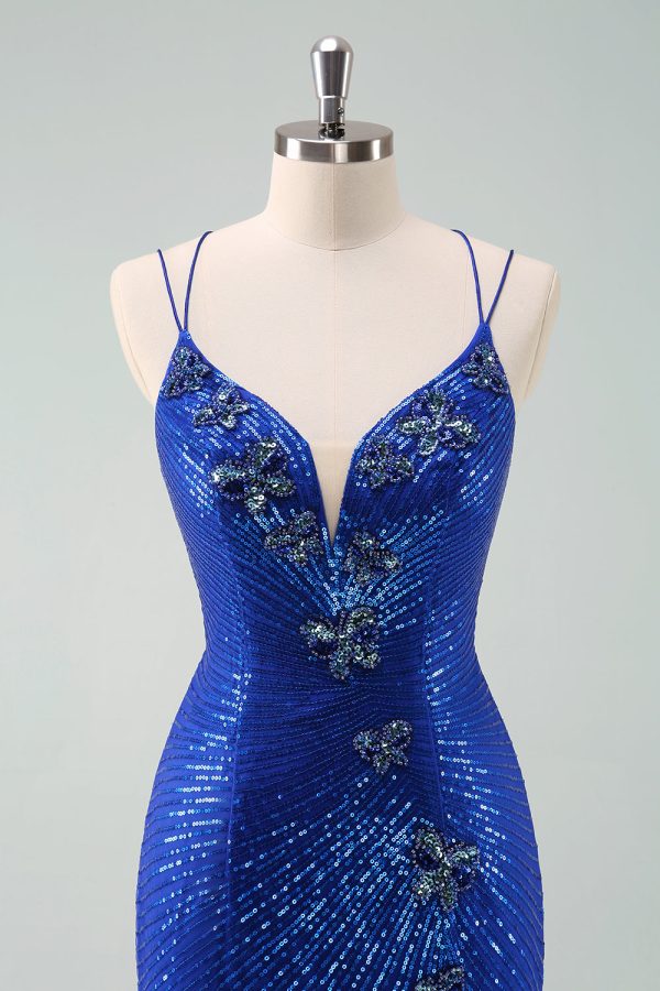 Royal Blue Glitter Tight Homecoming Dress with Sequins Butterflies For Sale