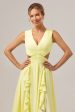 Lemon Yellow A Line Cut Out Lace Up Back Long Bridesmaid Dress with Ruffles Online now