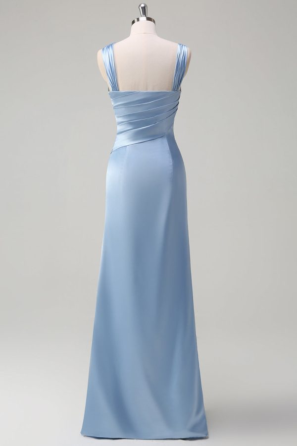 Elegant Sky Blue Sheath Pleated Satin Long Bridesmaid Dress With Slit For Cheap