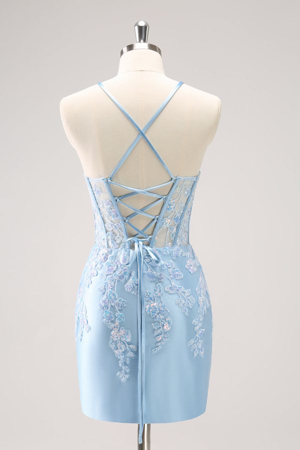 Blue Spaghetti Straps Corset Applique Tight Homecoming Dress with Sequins For Discount