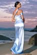 Elegant Sky Blue Sheath Cold Shoulder Pleated Satin Long Bridesmaid Dress with Slit Discount