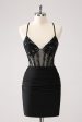 Sparkly Black Bodycon Spaghetti Corset Short Homecoming Dress with Lace Up Back Cheap