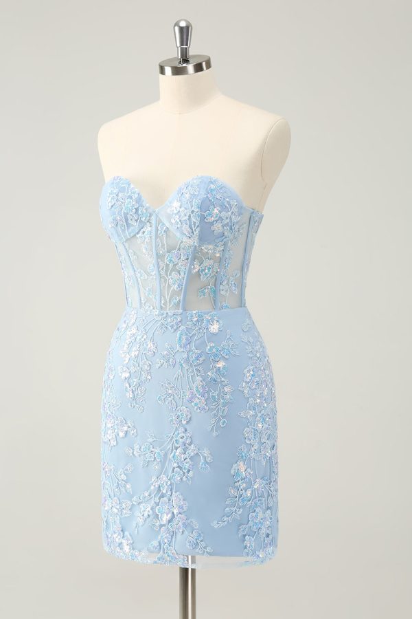 Light Blue Corset Sequins Sweetheart Short Tight Homecoming Dress with Lace-up Back Cheap