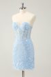 Light Blue Corset Sequins Sweetheart Short Tight Homecoming Dress with Lace-up Back Cheap