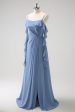 Grey Blue A-Line Spaghetti Straps Chiffon Long Bridesmaid Dress with Slit Discount