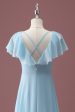 Sky Blue A Line V-Neck Ruched Chiffon Junior Bridesmaid Dress Online now