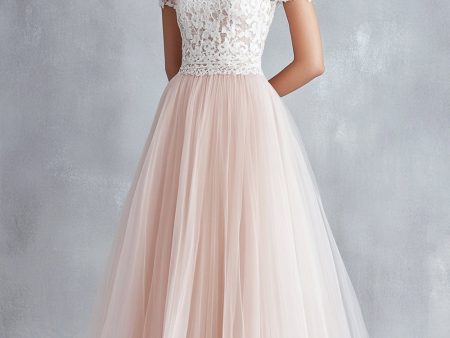 Light Pink A Line Lace Tulle Bridesmaid Dress With Short Sleeves For Sale