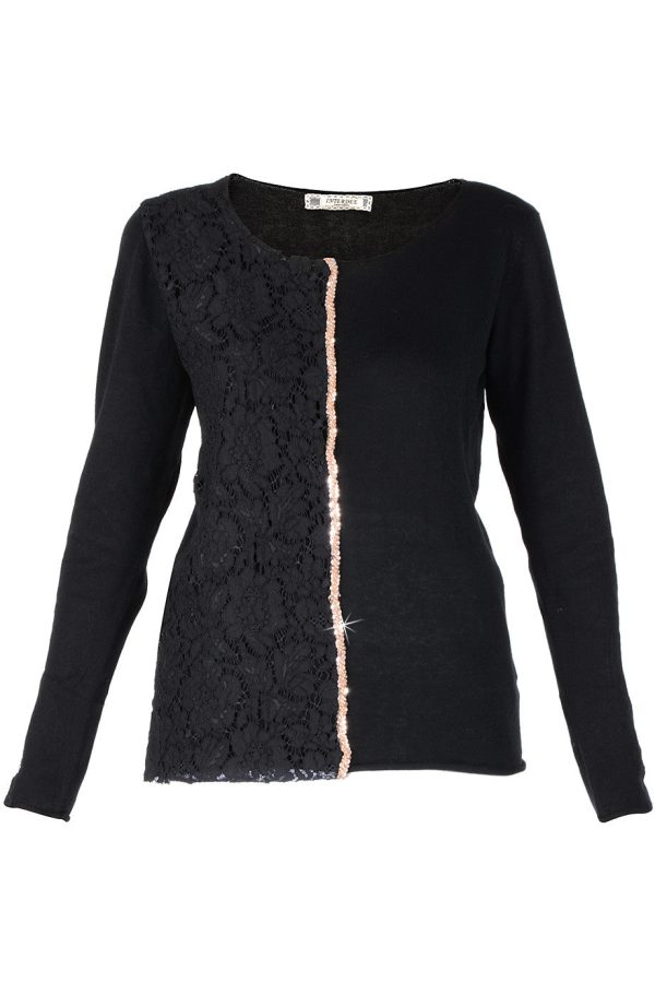 LUNA Black Lace Sequin Blouse For Discount