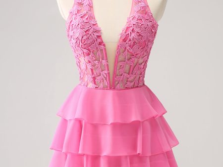 Hot Pink A Line Halter Tiered Corset Short Homecoming Dress with Ruffles Online