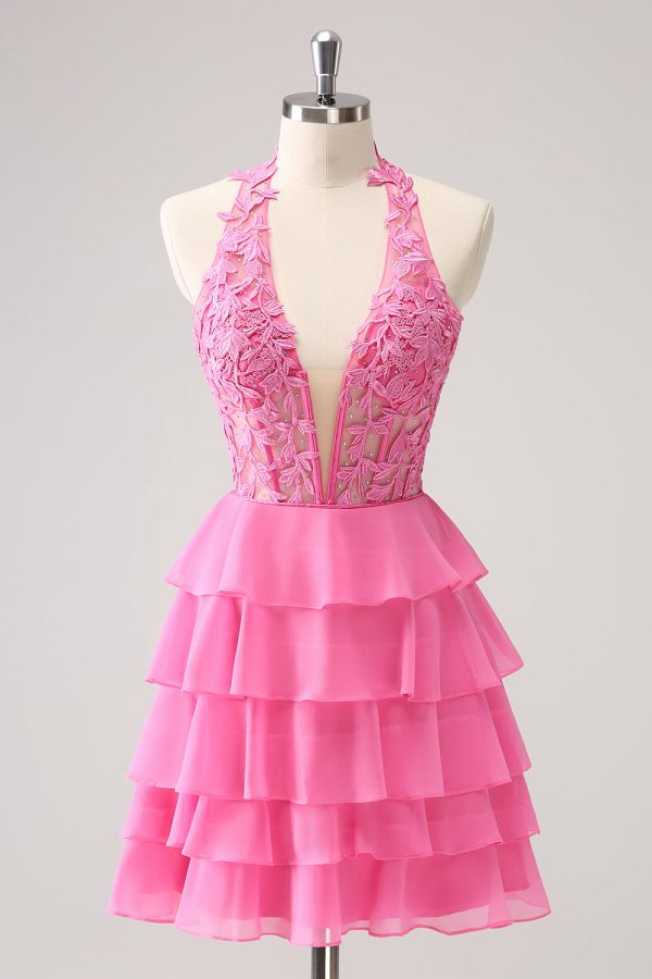 Hot Pink A Line Halter Tiered Corset Short Homecoming Dress with Ruffles Online