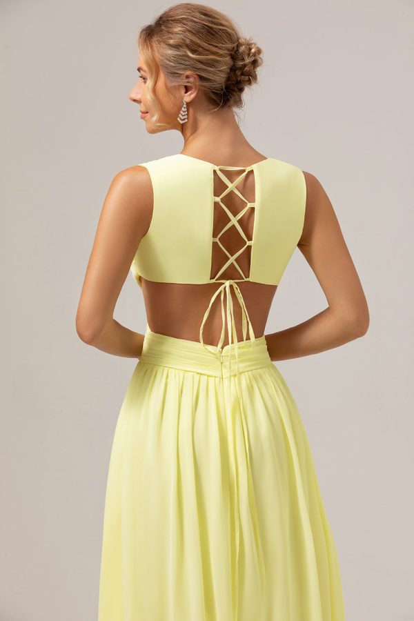 Lemon Yellow A Line Cut Out Lace Up Back Long Bridesmaid Dress with Ruffles Online now