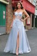 A Line Tulle Spaghetti Straps Corset Applique Blue Prom Dress with Slit Online