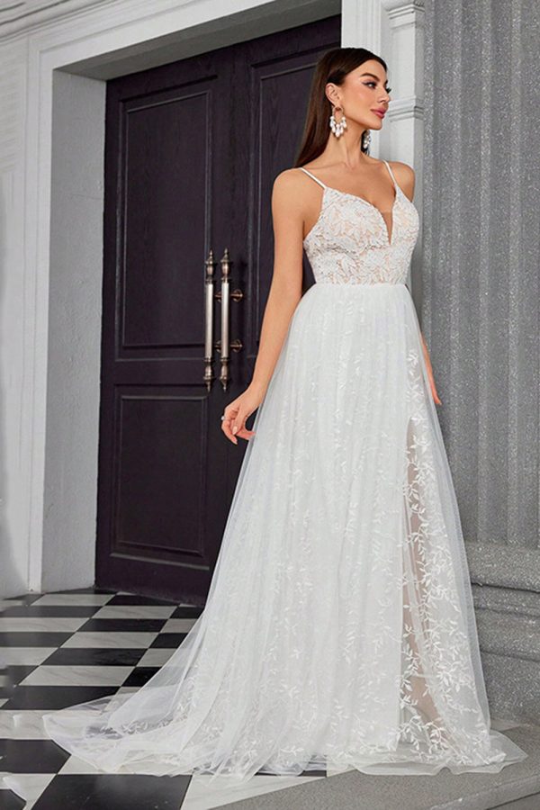 A Line Ivory Spaghetti StrapsAppliqued Long Wedding Dress Discount