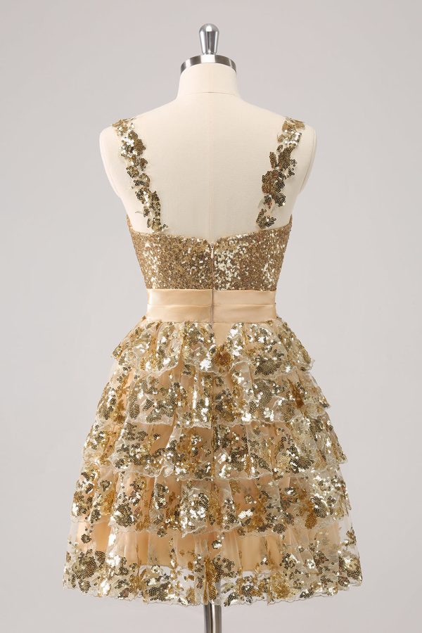 Golden A-Line Spaghetti Straps Sequined Homecoming Dress with Flower For Sale