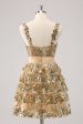 Golden A-Line Spaghetti Straps Sequined Homecoming Dress with Flower For Sale