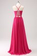 Fuchsia Spaghetti Straps Chiffon Long Bridesmaid Dress with Slit Fashion