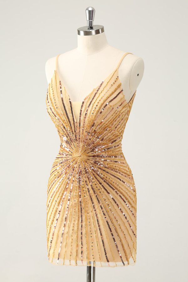 Golden Tight Spaghetti Straps Homecoming Dress with Sequins For Cheap