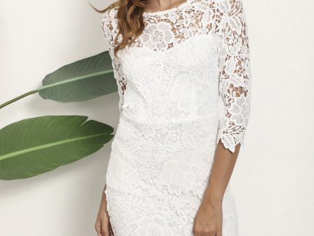 White Sheath 3 4 Sleeves Boat Neck Lace Knee Length Party Dress Online