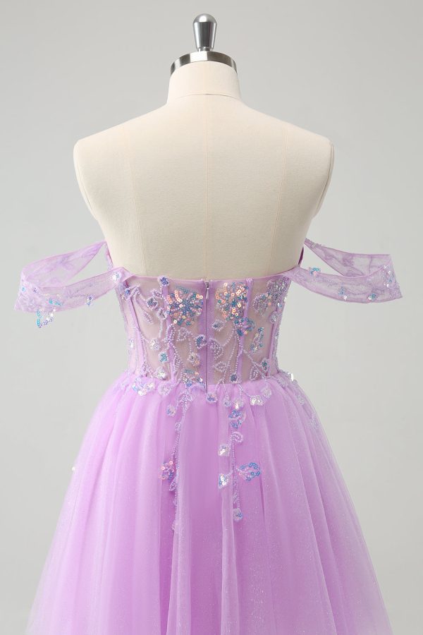 A Line Lilac Off the Shoulder Sequined Homecoming Dress on Sale