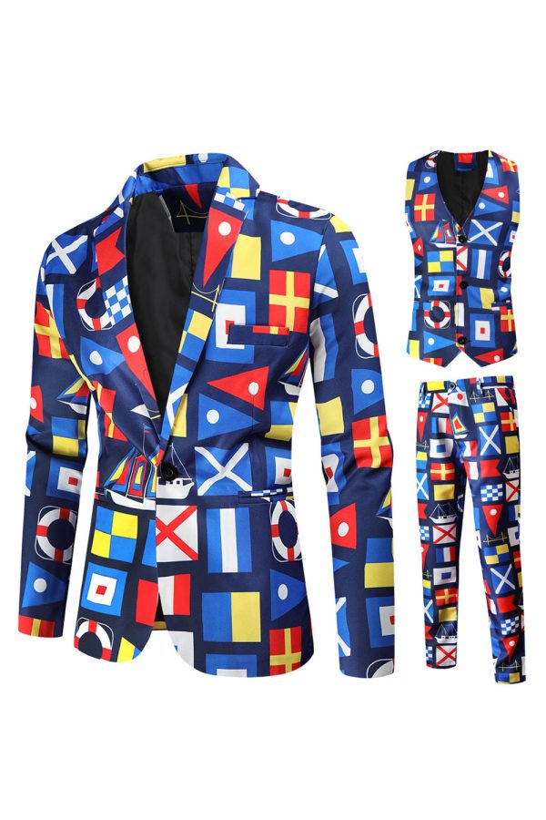 Blue Printed Notched Lapel Men s Party Suits Cheap