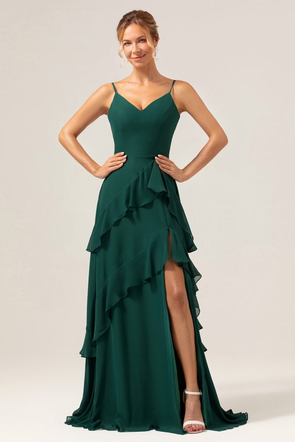 Dark Green A-Line Spaghetti Straps Chiffon Long Bridesmaid Dress with Ruffles Online Sale