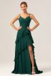 Dark Green A-Line Spaghetti Straps Chiffon Long Bridesmaid Dress with Ruffles Online Sale