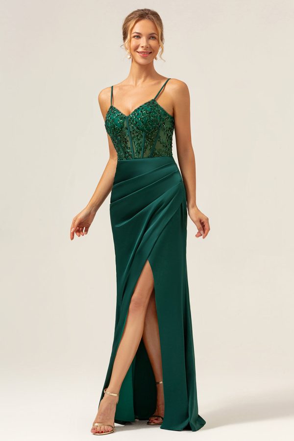 Dark Green Mermaid Spaghetti Straps Corset Satin Long Bridesmaid Dress with Slit Fashion