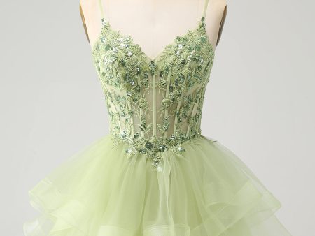 Light Green A-Line Tulle Tiered Homecoming Dress with Appliques Cheap