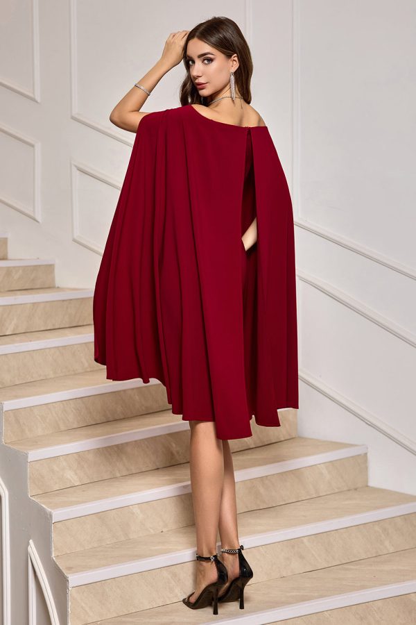 Burgundy Bodycon Off the Shoulder Midi Cocktail Dress With Cape Sleeves Online Hot Sale