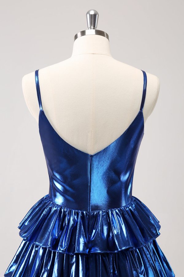 Ink Blue Spaghetti Straps A Line Tiered Short Homecoming Dress Supply