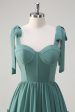 Eucalyptus A-Line Bow Tie Straps Corset Ruffles Chiffon Long Bridesmaid Dress with Slit Online Sale