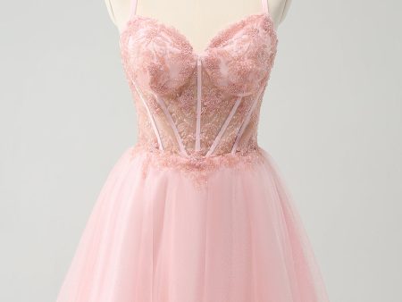 Pink Tulle A-Line Short Homecoming Dress with Beading Cheap