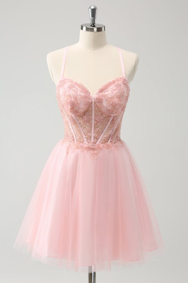 Pink Tulle A-Line Short Homecoming Dress with Beading Cheap