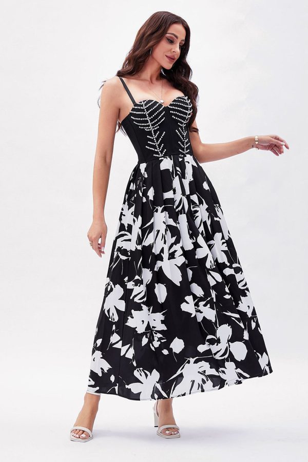 Black White Flower Printed A-Line Spaghetti Straps Party Dress For Sale