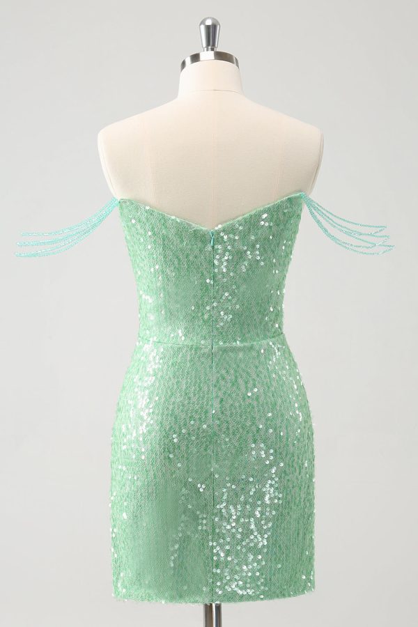 Sparkly Green Off the Shoulder Ruched Tight Homecoming Dress with Sequins Online