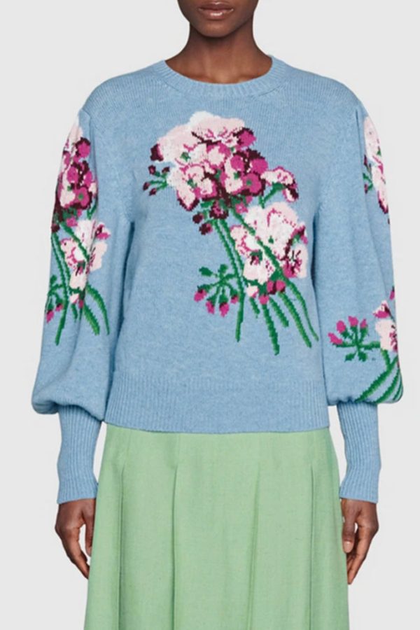 Ayla Light Blue Sweater with Flowers Online Sale