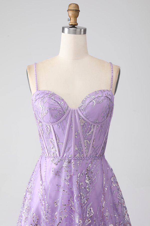 A-Line Spaghetti Straps Lilac Corset Prom Dress with Sequins For Discount