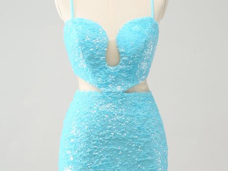 Sparkly Light Blue Spaghetti Straps Sequin Tight Homecoming Dress with Hollow Out Discount