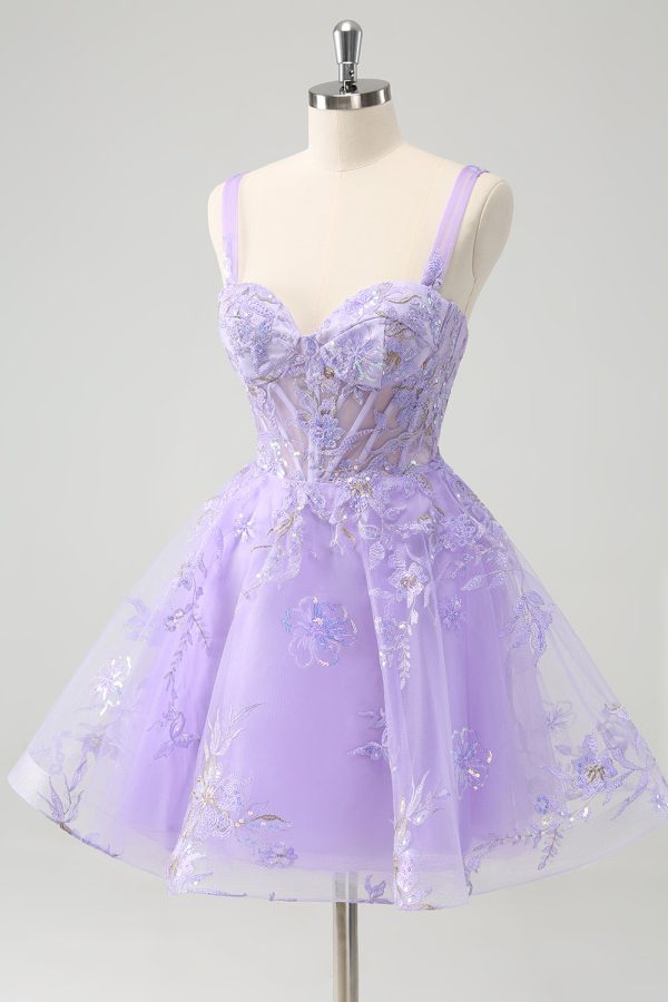 Lilac A-Line Corset Embroidered Homecoming Dress with Sequins Online